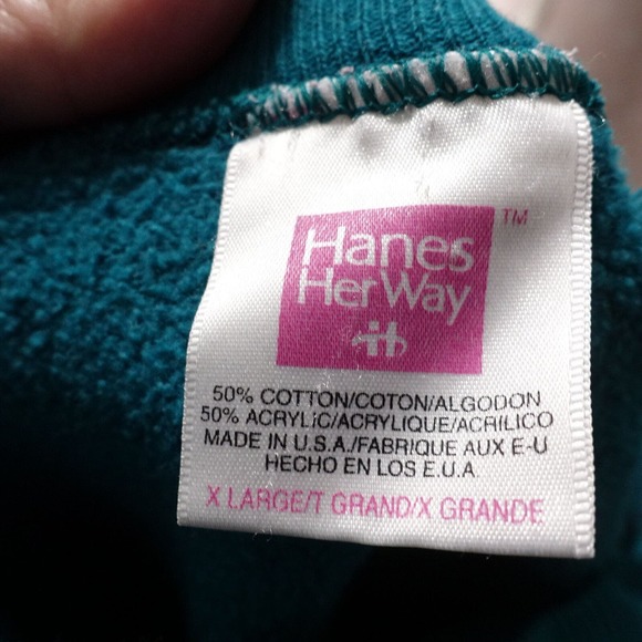 VINTAGE HANES HER WAY USA MADE GREEN BLANK PLAIN CREW NECK SWEATSHIRT SZ XL - Picture 7 of 7